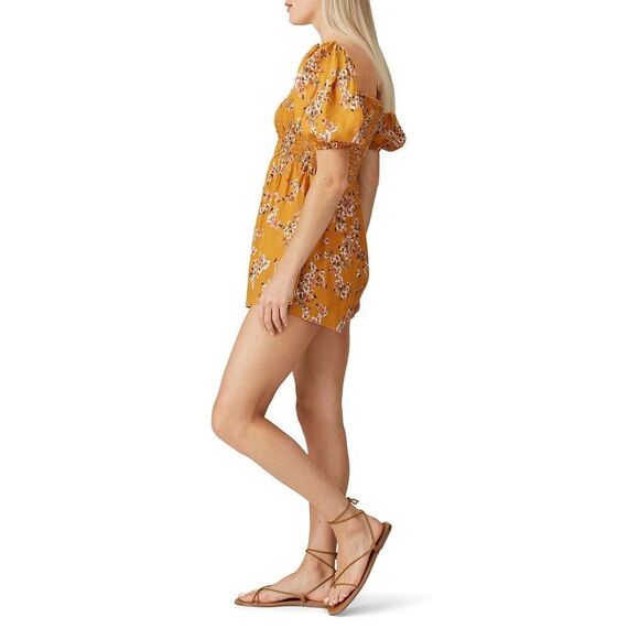 Flynn Skye Justine Romper Women's Small Orange Floral Puff Sleeve Smocked RTR - Picture 10 of 11